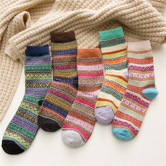 Womens 5 Pairs Vintage Style Thick Crew Socks - Picture 3 of 16